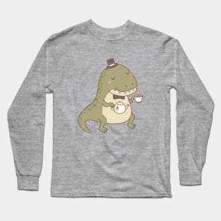 Cute Dinosaur Trex with Teapot and Tea Long Sleeve T-Shirt